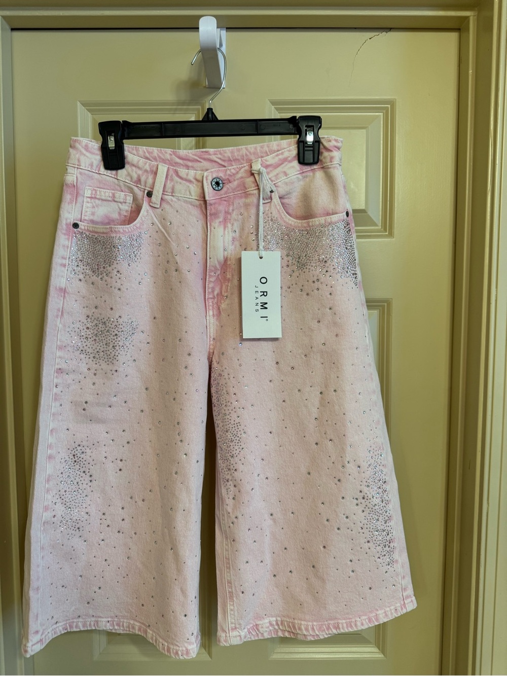Pink Embellished Wide-Leg Jeans